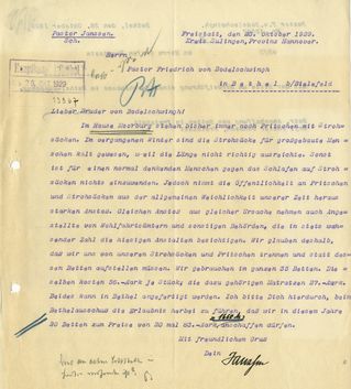Schreiben vom 23. Oktober 1929, verfasst von Pastor Enno Janssen, Leiter der Einrichtung Freistatt, gerichtet an Friedrich von Bodelschwingh d. J.