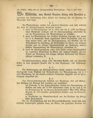 Auszug aus dem preußischen „Gesetz über die Fürsorgeerziehung Minderjähriger“ vom 2. Juli 1900, S. 264.