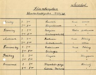 Stundenplan des Hauses Moorhof aus dem Winterhalbjahr 1924/1925.
