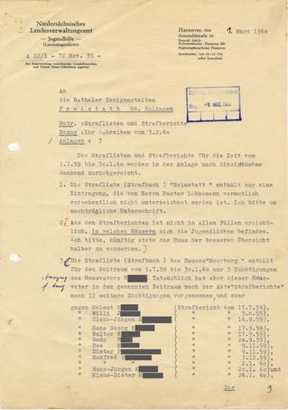 Schreiben des Niedersächsischen Landesverwaltungsamtes an die Anstalt Freistatt vom 1. März 1960.