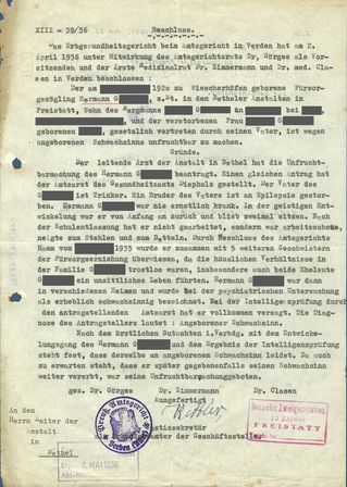 Beschluss des Erbgesundheitsgerichts beim Amtsgericht in Verden vom 2. April 1936.