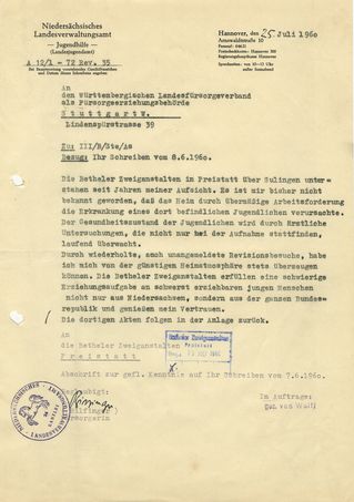 Niedersächsisches Landesverwaltungsamt an den Württembergischen Landes fürsorgeverband, 25. Juli 1960.